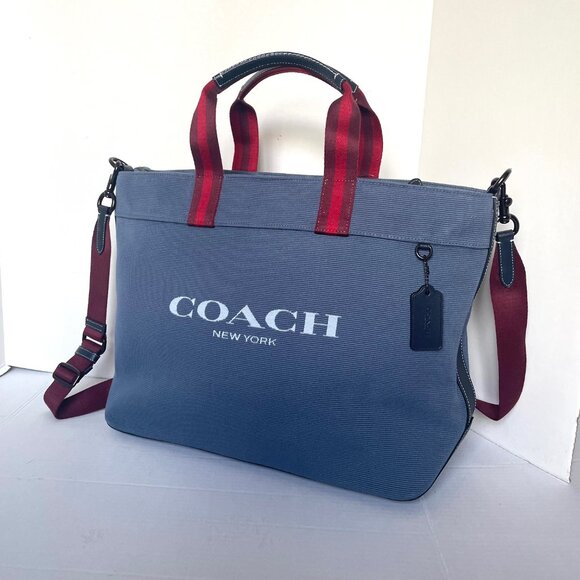 Coach Tote Bag 38 Shoulder Bag Blue Canvas Leather CJ486 Medium Zip Crossbody - Picture 5 of 12